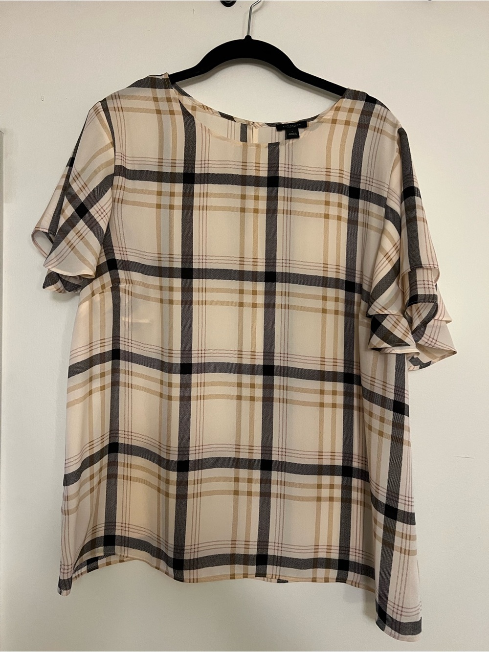 Ann Taylor Plaid Ruffle Sleeve Blouse - Cream, Black, Tan